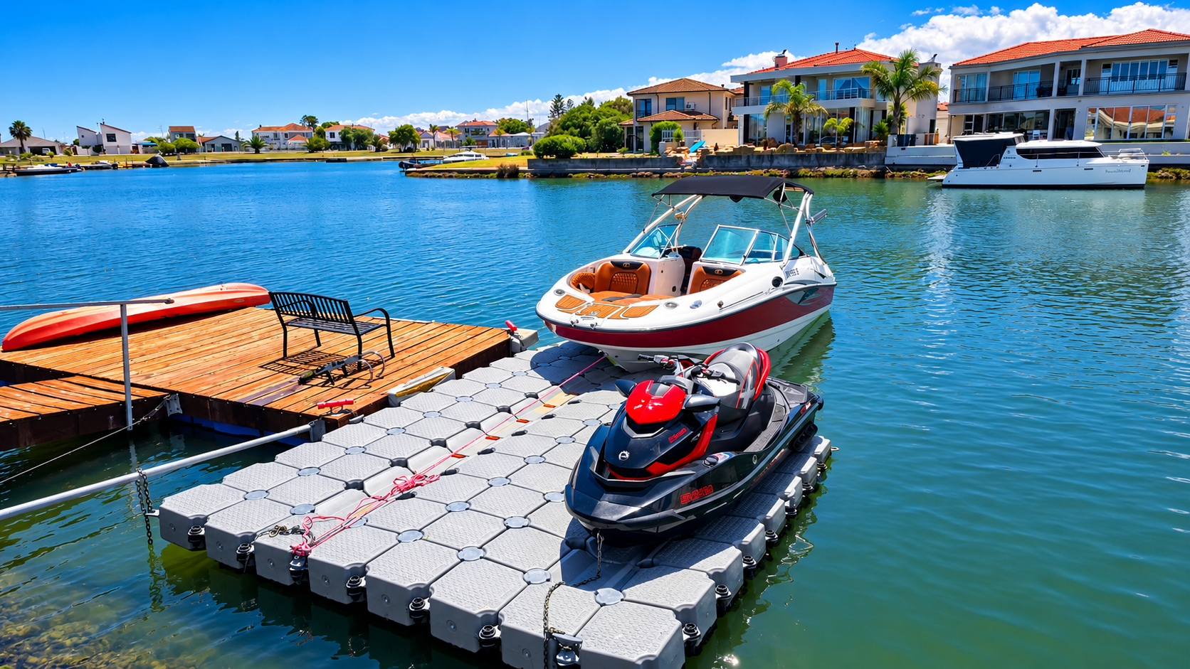 SA Outdoor modular floating dock with jet ski and boat at marina