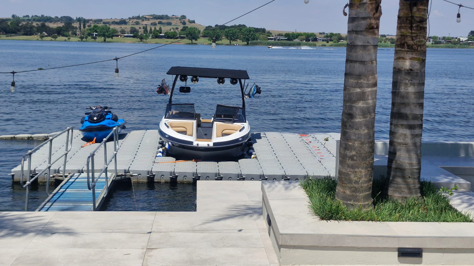 SA Outdoor modular floating dock with boat and jet ski on the waterfront